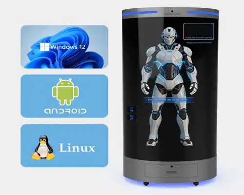 How do cylindrical holographic display cases achieve 3D stereoscopic displays?